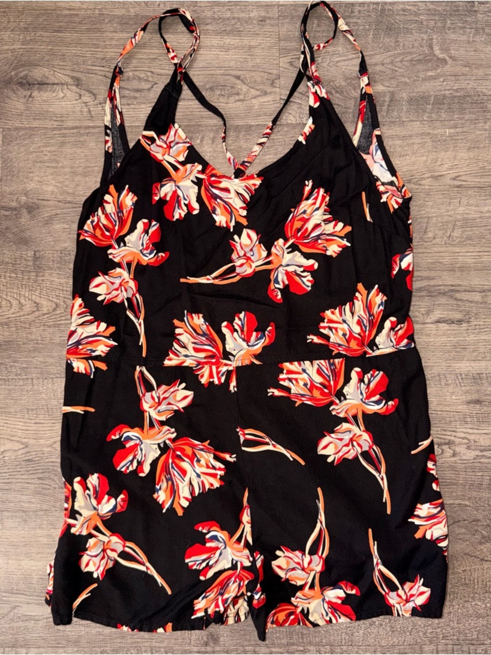 Obey Black Tank Romper with Red, Cream & Orange Floral Print